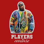 Notorious B.I.G. Badge Men's Hoodie – white close-up detail shot of the Notorious B.I.G. Players Couture logo design