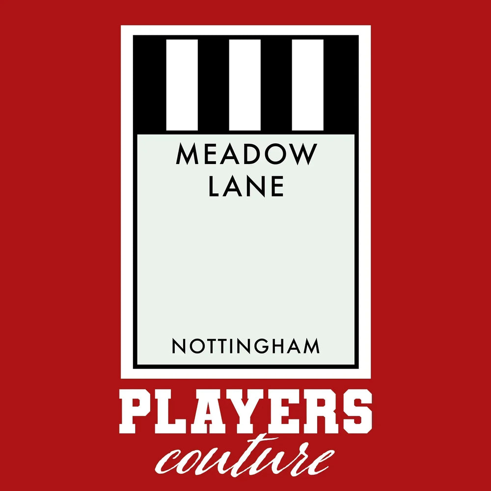 Notts County Monopoly Card hoodie – red men's hoodie with white Notts County Monopoly Card letters and Players Couture logo