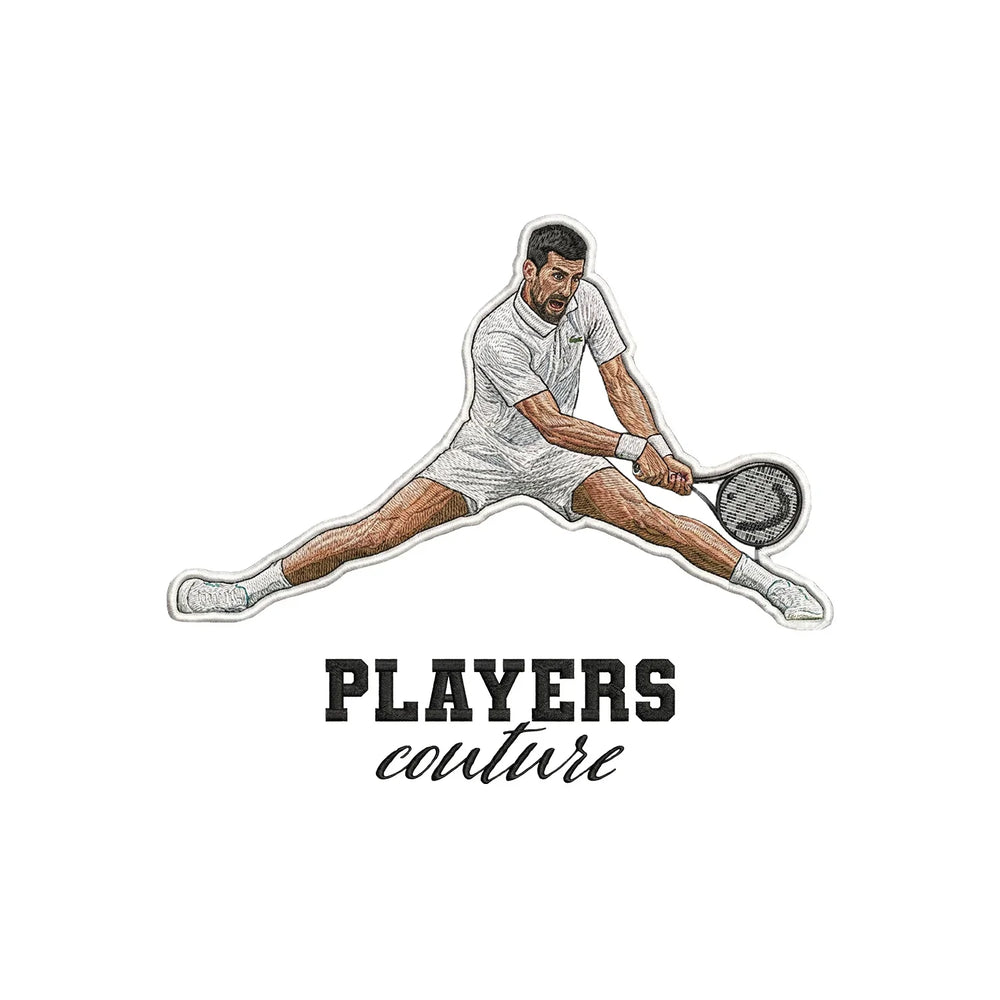 Novak Badge Men's Hoodie – black close-up detail shot of the Novak Players Couture logo design
