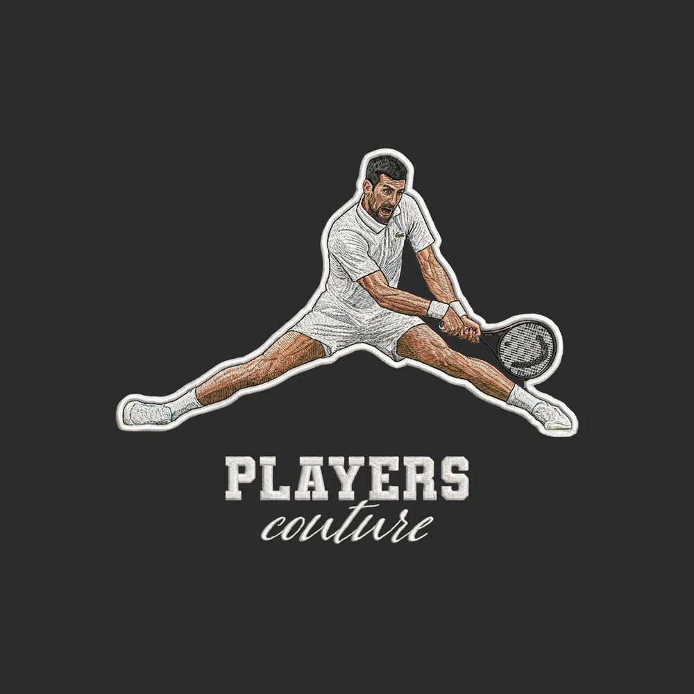 Novak Badge Men's Hoodie – white close-up detail shot of the Novak Players Couture logo design