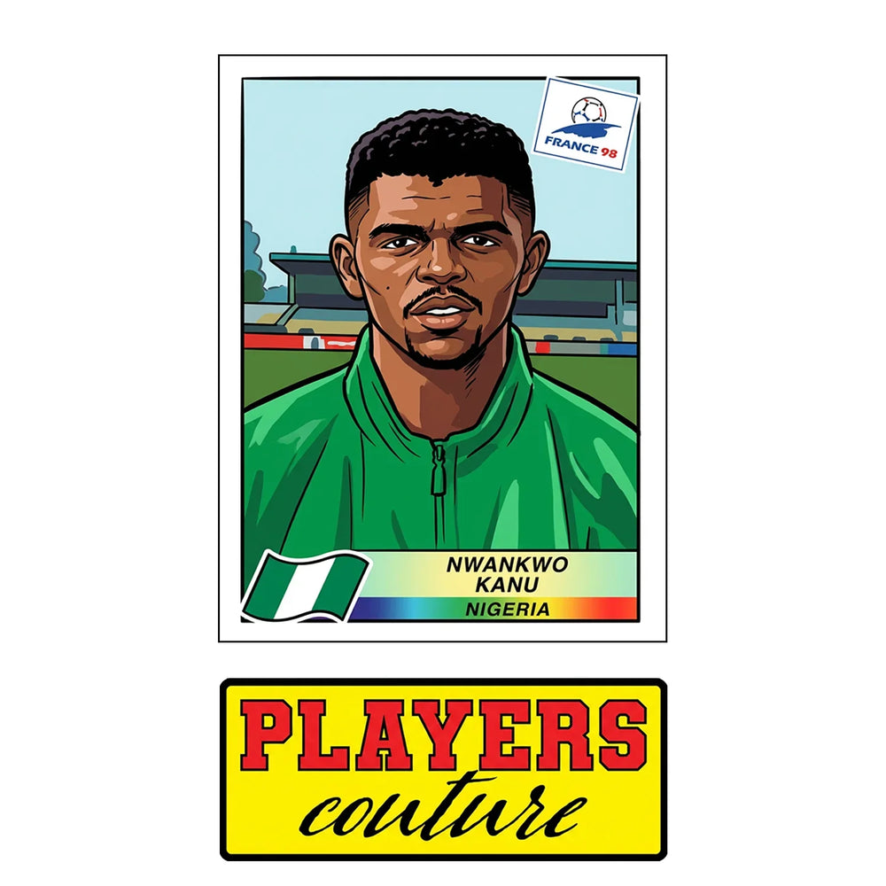 Nwanko Kanu World Cup Sticker Men's T-Shirt – close-up detail shot of the Nwanko Kanu World Cup Players Couture logo design