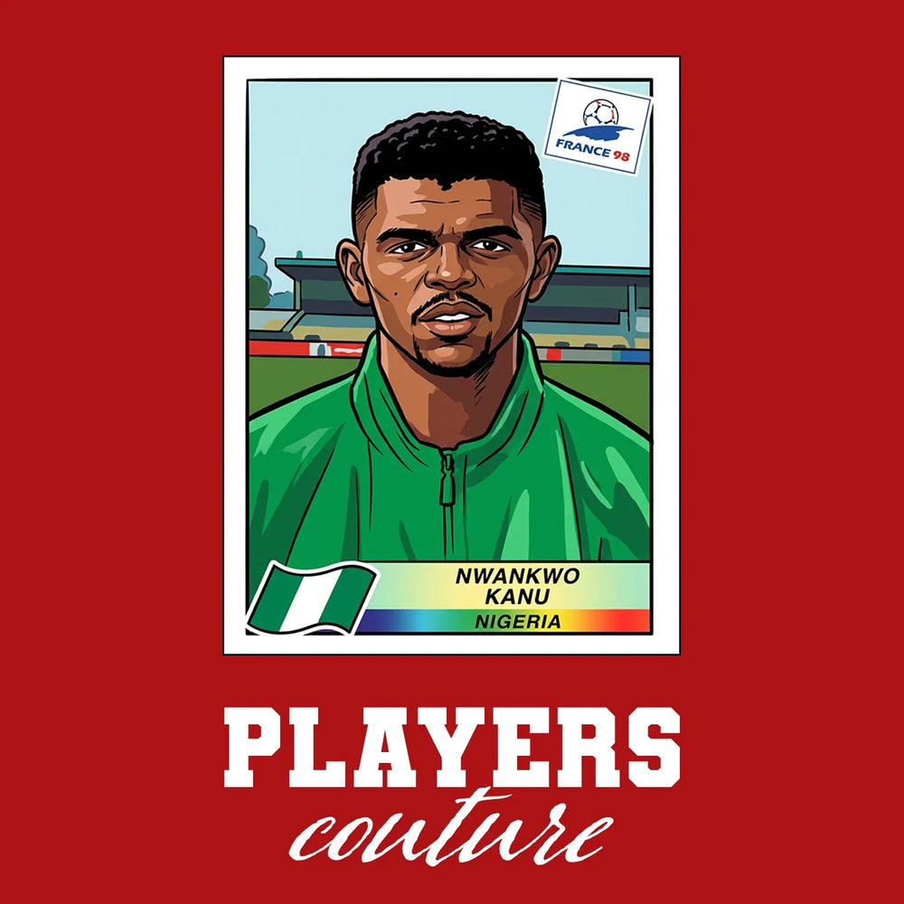 Nwanko Kanu World Cup Sticker Men's T-Shirt – red close-up detail shot of the Nwanko Kanu World Cup Players Couture logo