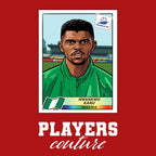 Nwanko Kanu World Cup Sticker Men's T-Shirt – red close-up detail shot of the Nwanko Kanu World Cup Players Couture logo