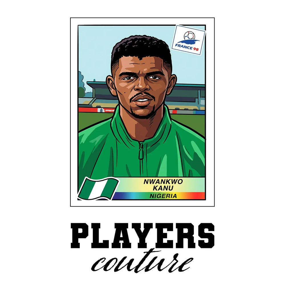 Nwanko Kanu World Cup Sticker Men's T-Shirt – white close-up detail shot of the Nwankwo Kanu Players Couture logo design