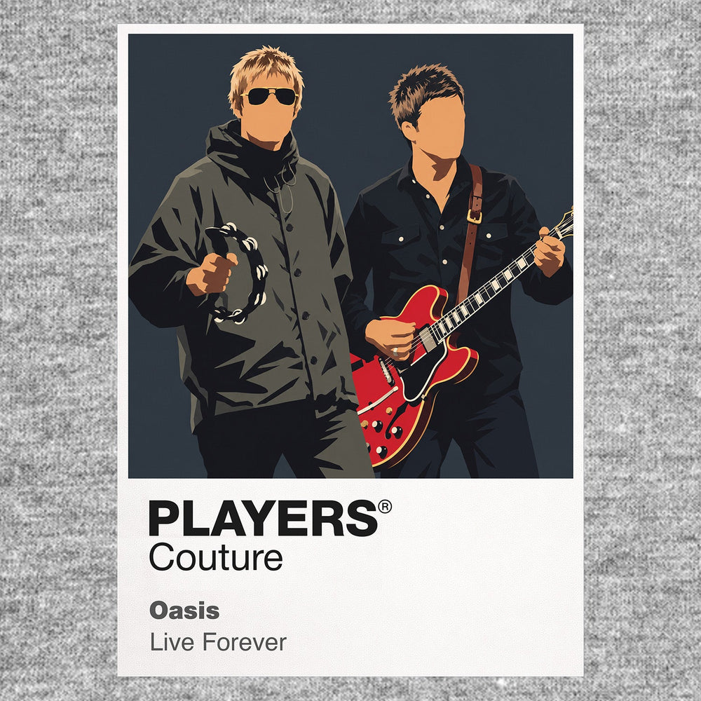 Oasis Oasis design two, capturing Gallagher-era parkas, Manchester attitude and band stance Icon Frame artwork in grey