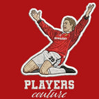 Ole Gunnar Solskjaer Badge Men's Hoodie – red close-up detail shot of the Ole Gunnar Solskjaer Players Couture logo design