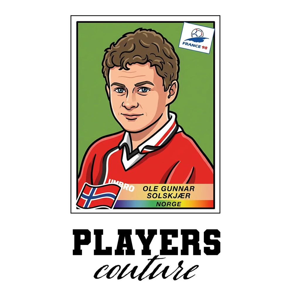 Ole Gunnar Solskjaer World Cup Sticker Men's T-Shirt – white close-up detail shot of the Ole Gunnar Solskjaer Players