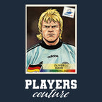Oliver Kahn World Cup Sticker Men's T-Shirt – navy close-up detail shot of the Oliver Kahn World Cup Players Couture logo