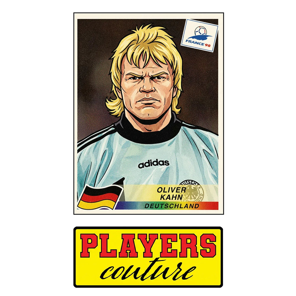 Oliver Kahn World Cup Sticker Men's T-Shirt – close-up detail shot of the Oliver Kahn World Cup Players Couture logo design