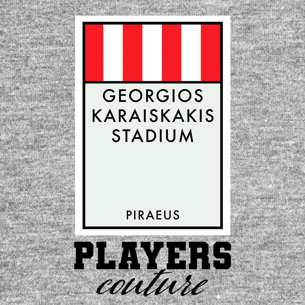 Olympiacos Monopoly Card hoodie – grey men's hoodie with black Olympiacos Monopoly Card letters and Players Couture logo on