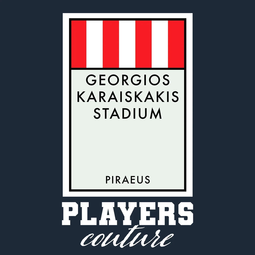 Olympiacos Monopoly Card hoodie – navy men's hoodie with white Olympiacos Monopoly Card letters and Players Couture logo on