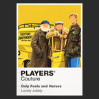 Only Fools and Horses Del Boy, Rodney and the yellow Reliant Regal of Trotters Independent Traders Icon Frame artwork in black