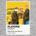 Only Fools and Horses Del Boy, Rodney and the yellow Reliant Regal of Trotters Independent Traders Icon Frame artwork in grey