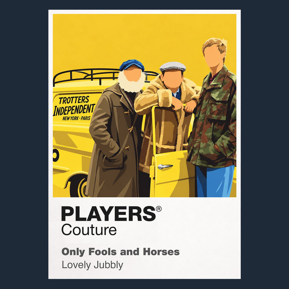 Only Fools and Horses Del Boy, Rodney and the yellow Reliant Regal of Trotters Independent Traders Icon Frame artwork in navy