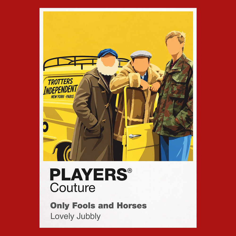 Only Fools and Horses Del Boy, Rodney and the yellow Reliant Regal of Trotters Independent Traders Icon Frame artwork in red