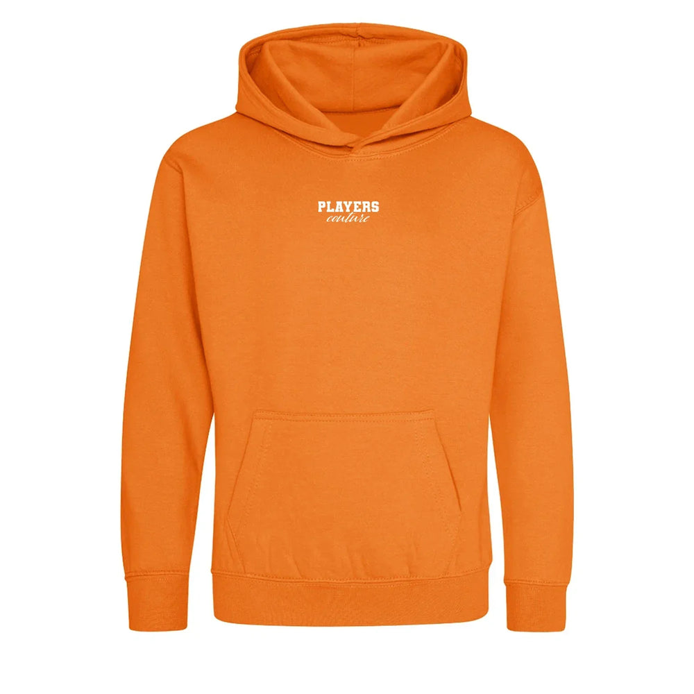 Essentials Collection hoodie – orange kids' hoodie with black Essentials Collection letters and Players Couture logo on the