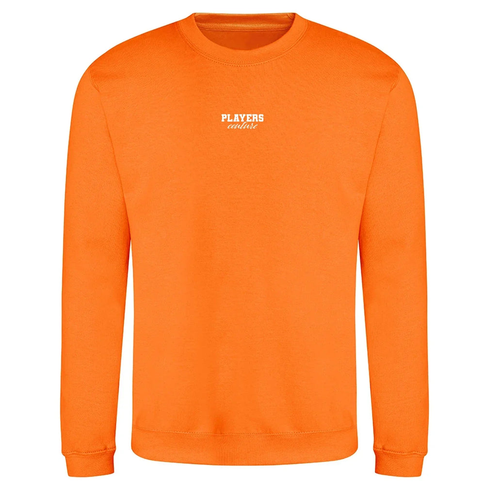 Essentials Collection hoodie – orange men's hoodie with black Essentials Collection letters and Players Couture logo on the