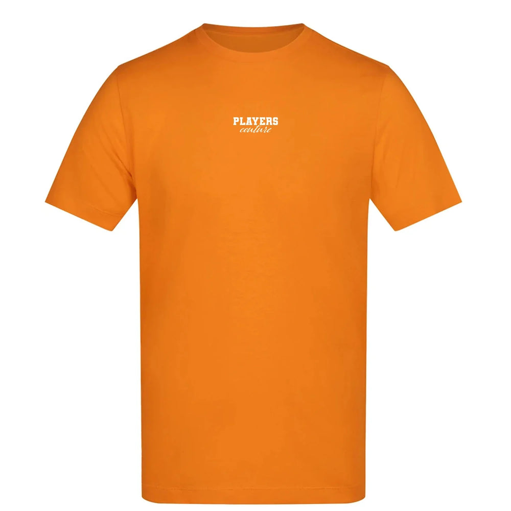 Essentials Collection t-shirt – orange men's t-shirt with black Essentials Collection letters and Players Couture logo on