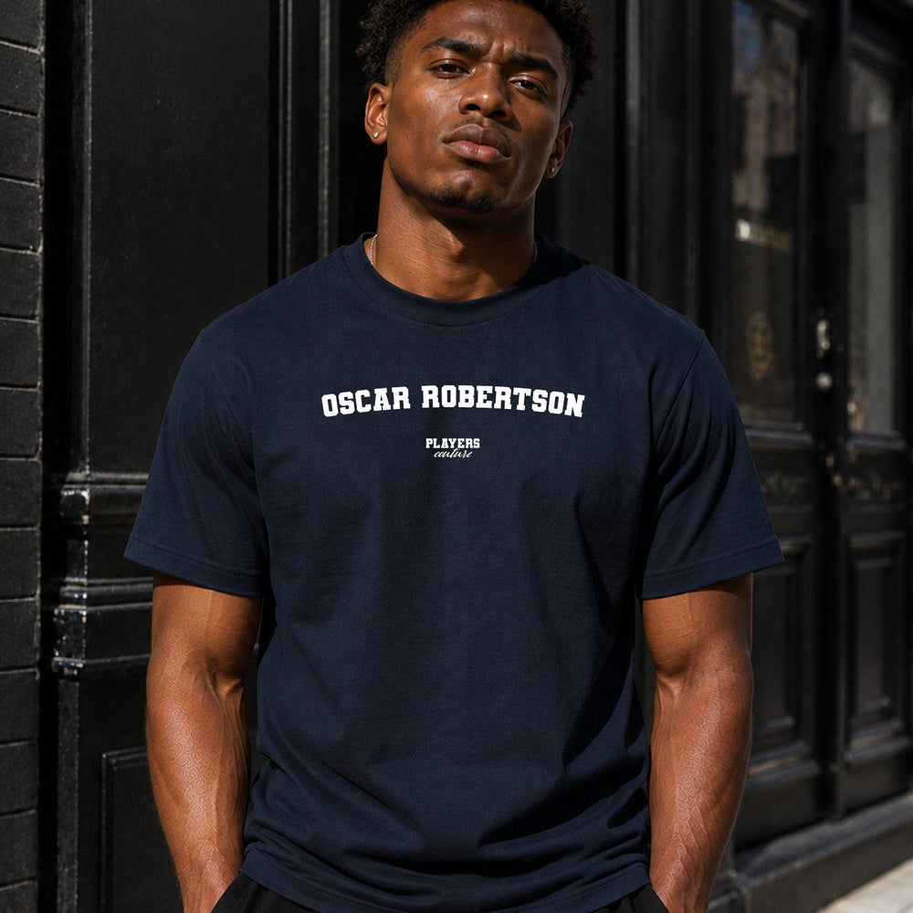 Oscar Robertson Men's T-Shirt — lifestyle photo, Navy t-shirt