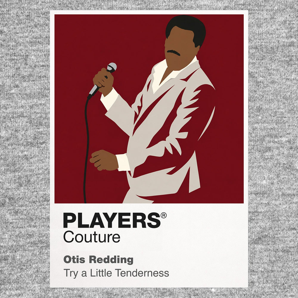 Otis Redding Otis Redding's tailored Southern soul style and urgent microphone stance Icon Frame artwork in grey