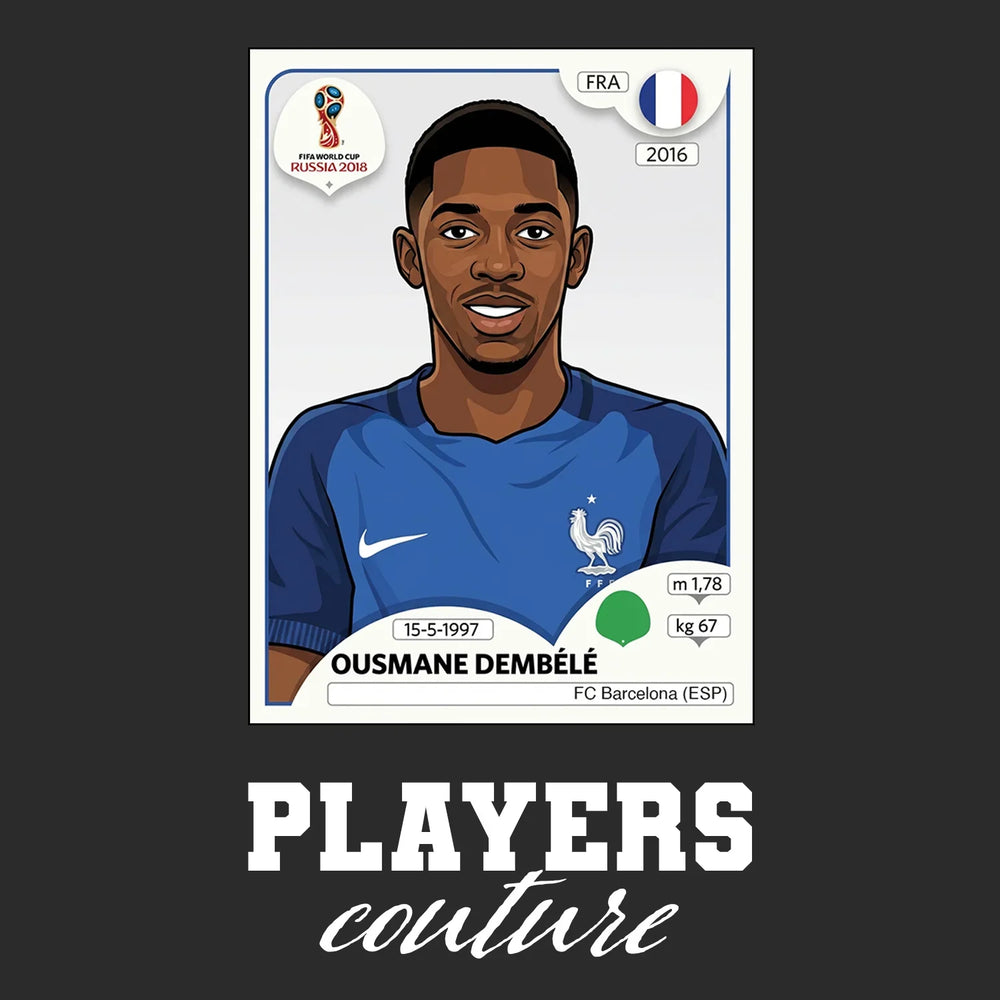 Ousmane Dembele World Cup Sticker Men's T-Shirt – black close-up detail shot of the Ousmane Dembele World Cup Players