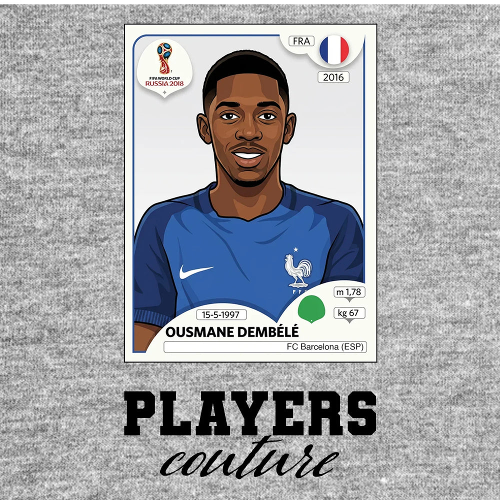 Ousmane Dembele World Cup Sticker Men's T-Shirt – grey close-up detail shot of the Ousmane Dembele World Cup Players Couture