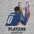 Ousmane Dembele Badge Men's Hoodie – grey close-up detail shot of the Ousmane Dembele Players Couture logo design