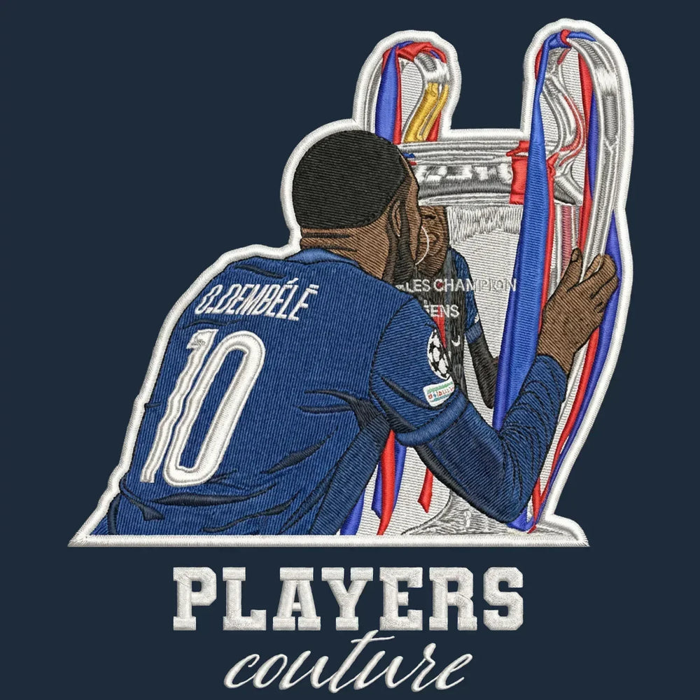 Ousmane Dembele Badge Men's Hoodie – navy close-up detail shot of the Ousmane Dembele Players Couture logo design