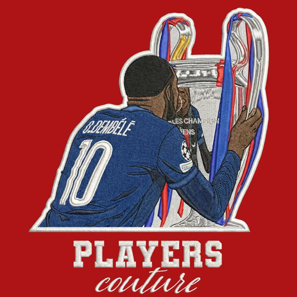 Ousmane Dembele Badge Men's Hoodie – red close-up detail shot of the Ousmane Dembele Players Couture logo design