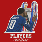 Ousmane Dembele Badge Men's Hoodie – red close-up detail shot of the Ousmane Dembele Players Couture logo design