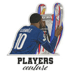 Ousmane Dembele Badge Men's Hoodie – white close-up detail shot of the Ousmane Dembele Players Couture logo design