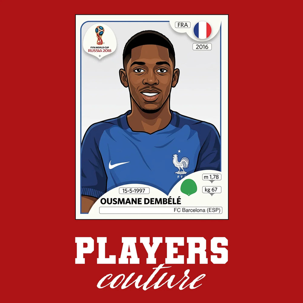 Ousmane Dembele World Cup Sticker Men's T-Shirt – red close-up detail shot of the Ousmane Dembele World Cup Players Couture