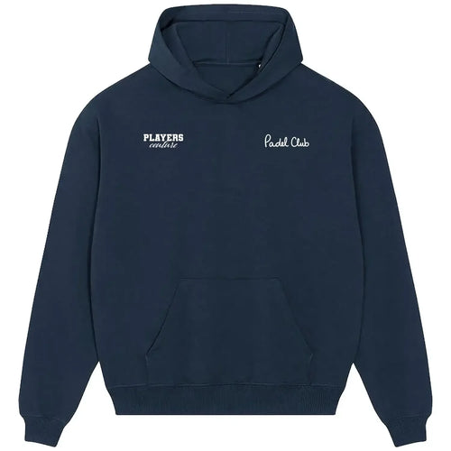Padel Club Script hoodie – navy men's hoodie featuring the Padel Club Script Players Couture logo