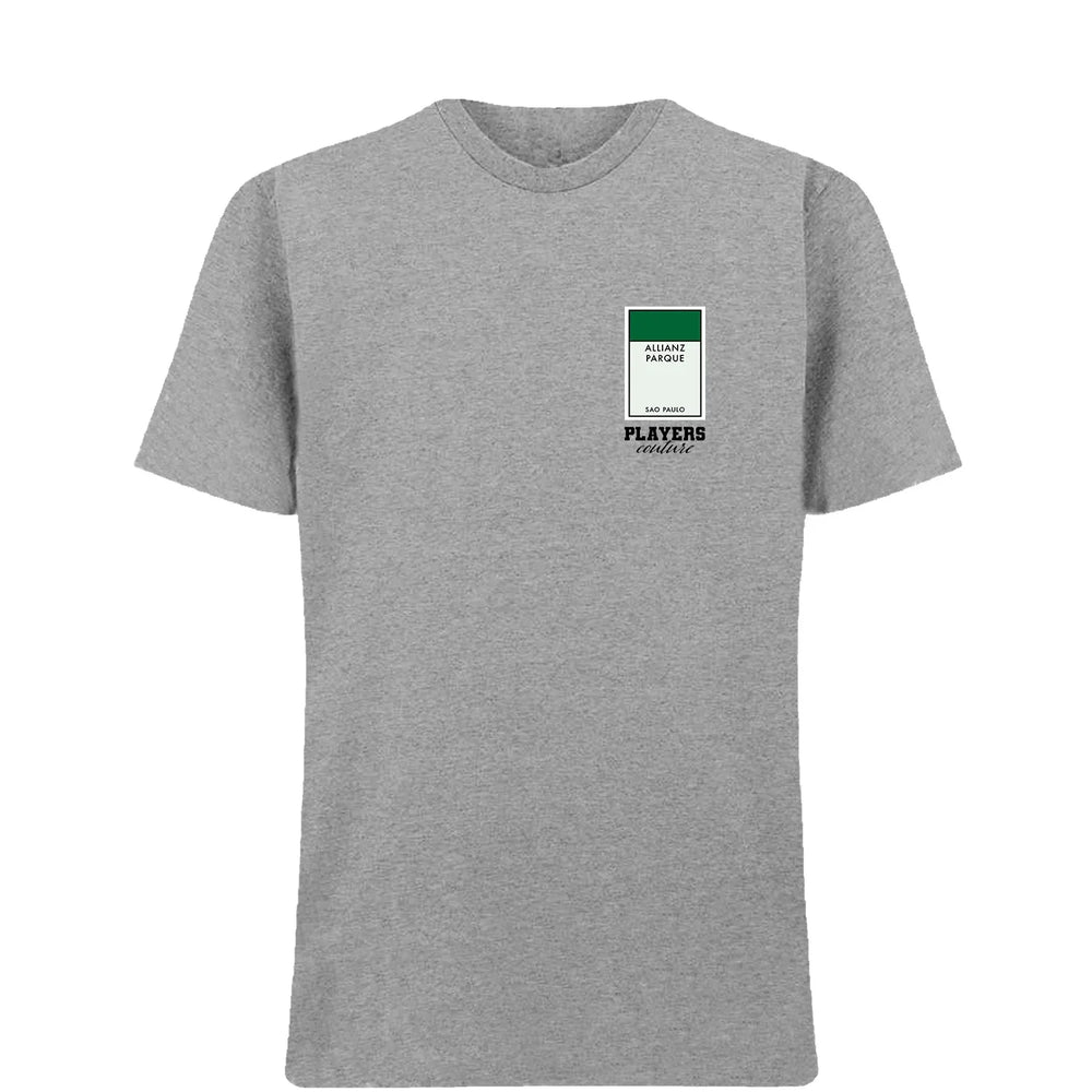 Palmeiras Monopoly Card t-shirt – close-up of white Palmeiras Monopoly Card lettering and Players Couture logo on the chest