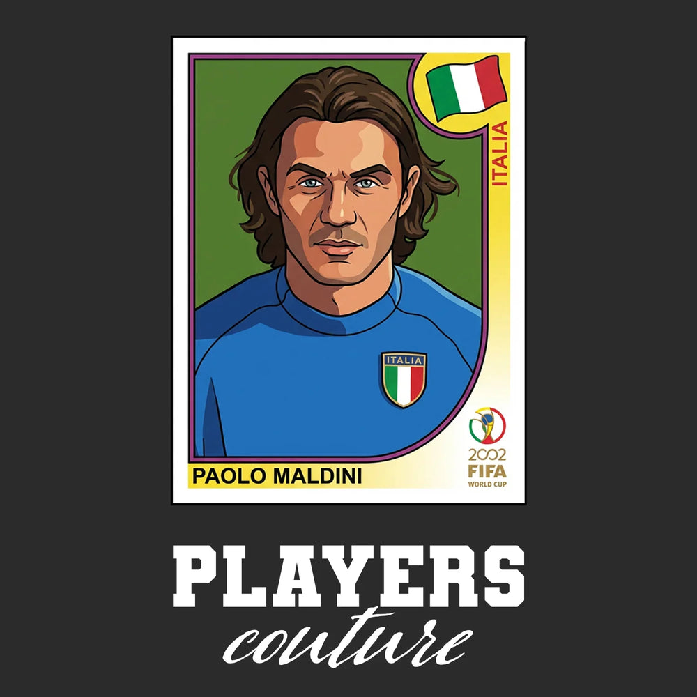 Paolo Maldini 2002 World Cup Sticker Men's T-Shirt – black close-up detail shot of the Paolo Maldini 2002 World Cup Players