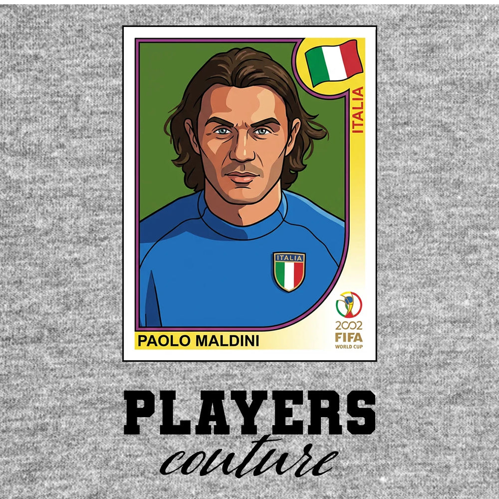 Paolo Maldini 2002 World Cup Sticker Men's T-Shirt – grey close-up detail shot of the Paolo Maldini 2002 World Cup Players