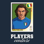 Paolo Maldini 2002 World Cup Sticker Men's T-Shirt – navy close-up detail shot of the Paolo Maldini 2002 World Cup Players