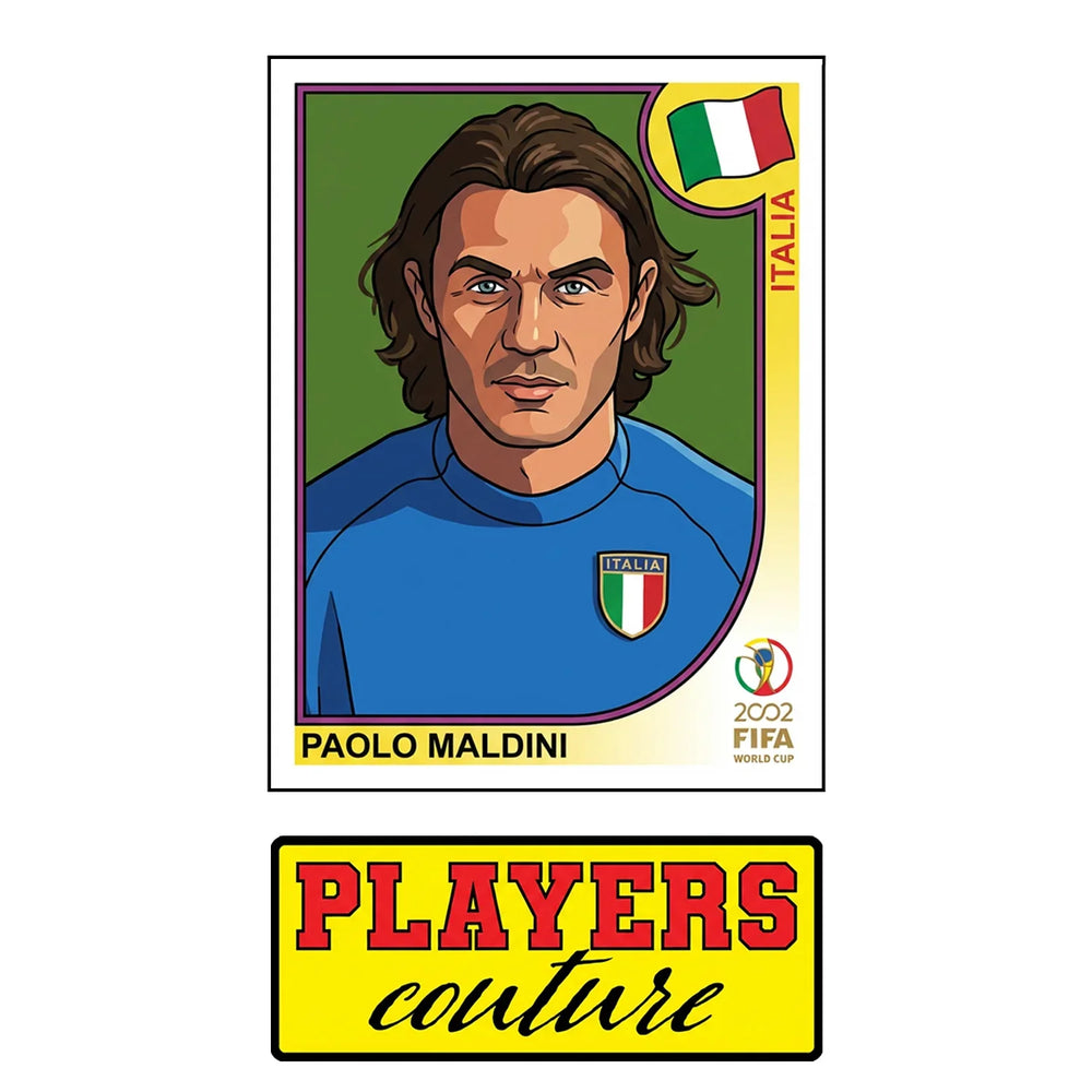 Paolo Maldini 2002 World Cup Sticker Men's T-Shirt – close-up detail shot of the Paolo Maldini 2002 World Cup Players