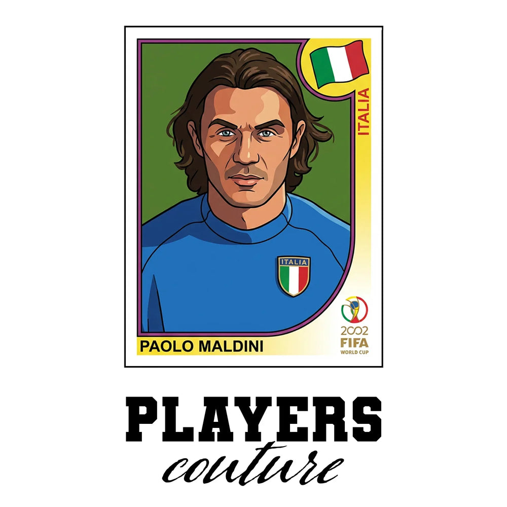 Paolo Maldini 2002 World Cup Sticker Men's T-Shirt – white close-up detail shot of the Paolo Maldini Players Couture logo