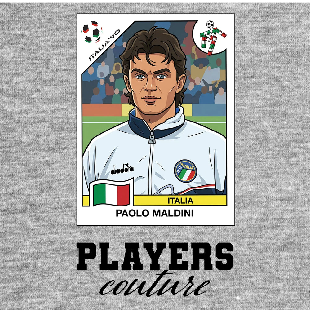 Paolo Maldini 1990 World Cup Sticker Men's T-Shirt – grey close-up detail shot of the Paolo Maldini 1990 World Cup Players