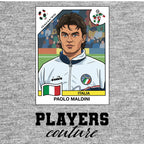 Paolo Maldini 1990 World Cup Sticker Men's T-Shirt – grey close-up detail shot of the Paolo Maldini 1990 World Cup Players