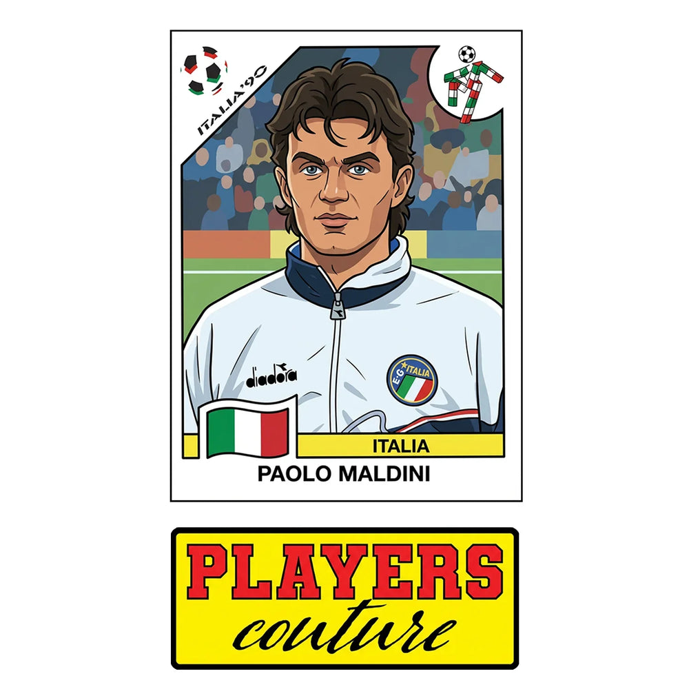 Paolo Maldini 1990 World Cup Sticker Men's T-Shirt – close-up detail shot of the Paolo Maldini 1990 World Cup Players