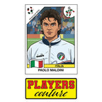 Paolo Maldini 1990 World Cup Sticker Men's T-Shirt – close-up detail shot of the Paolo Maldini 1990 World Cup Players