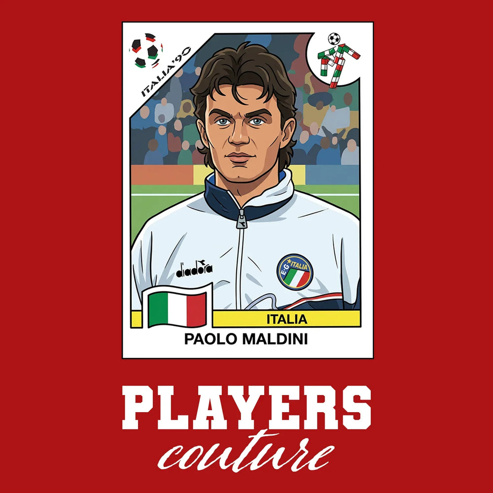 Paolo Maldini 1990 World Cup Sticker Men's T-Shirt – red close-up detail shot of the Paolo Maldini 1990 World Cup Players