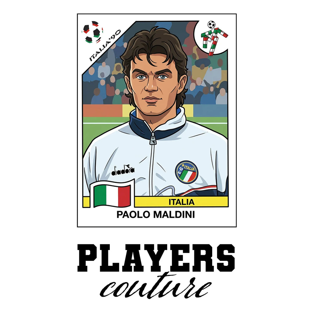 Paolo Maldini 1990 World Cup Sticker Men's T-Shirt – white close-up detail shot of the Paolo Maldini Players Couture logo