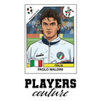 Paolo Maldini 1990 World Cup Sticker Men's T-Shirt – white close-up detail shot of the Paolo Maldini Players Couture logo