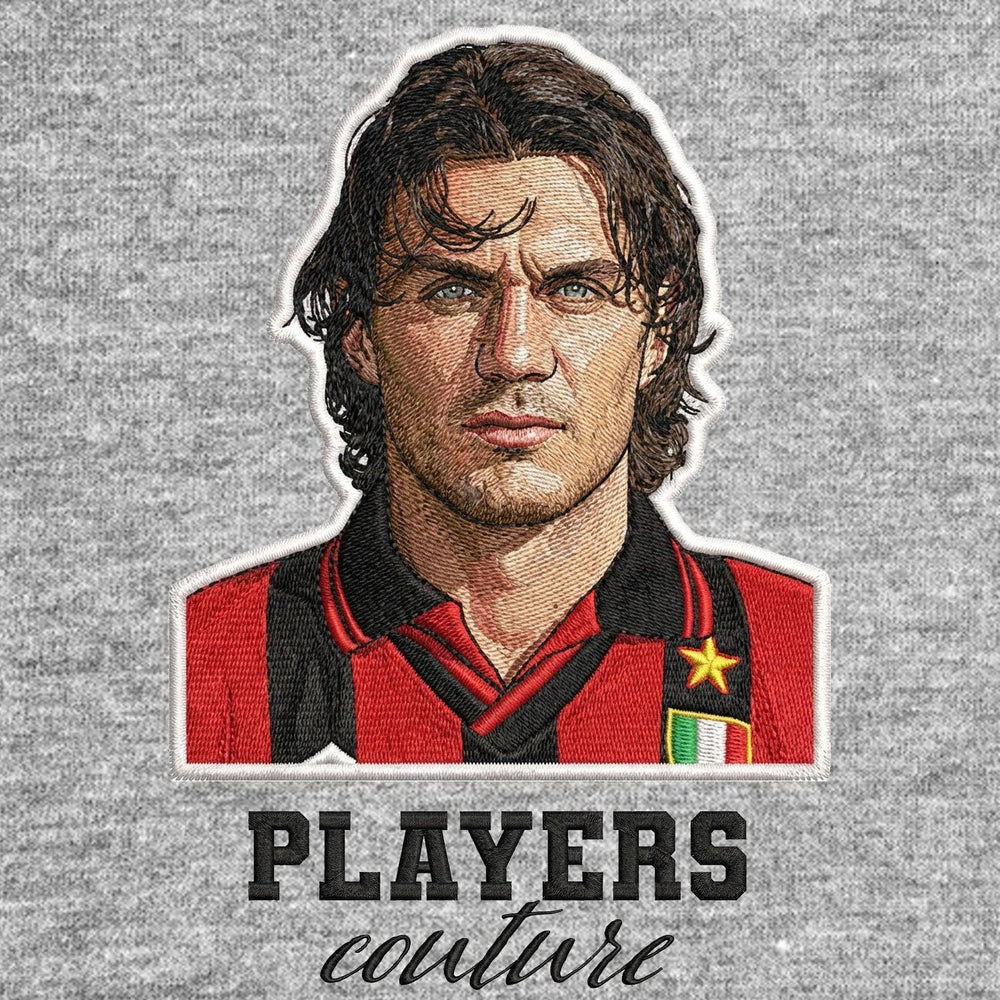 Paolo Maldini Badge Men's Hoodie – grey close-up detail shot of the Paolo Maldini Players Couture logo design