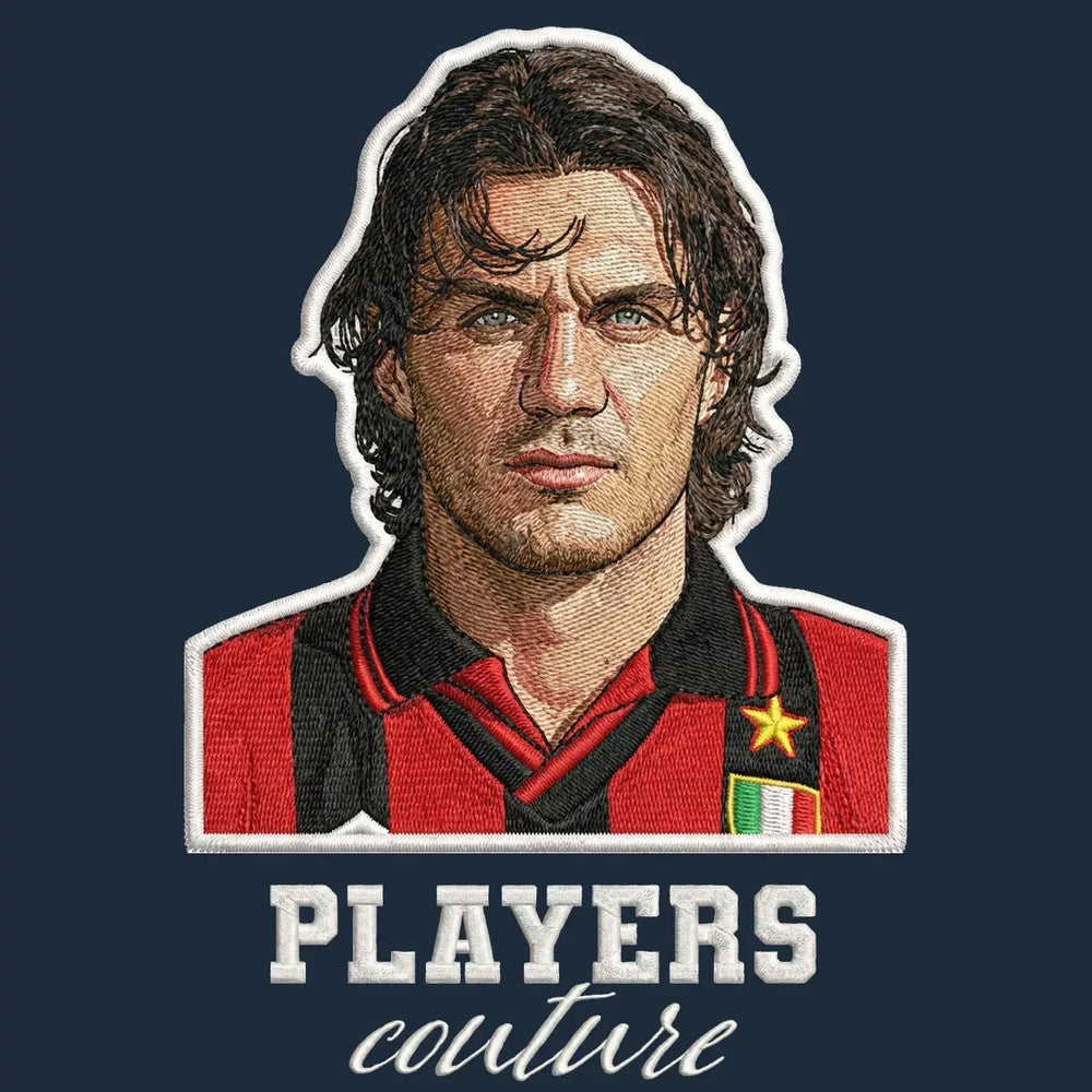 Paolo Maldini Badge Men's Hoodie – navy close-up detail shot of the Paolo Maldini Players Couture logo design