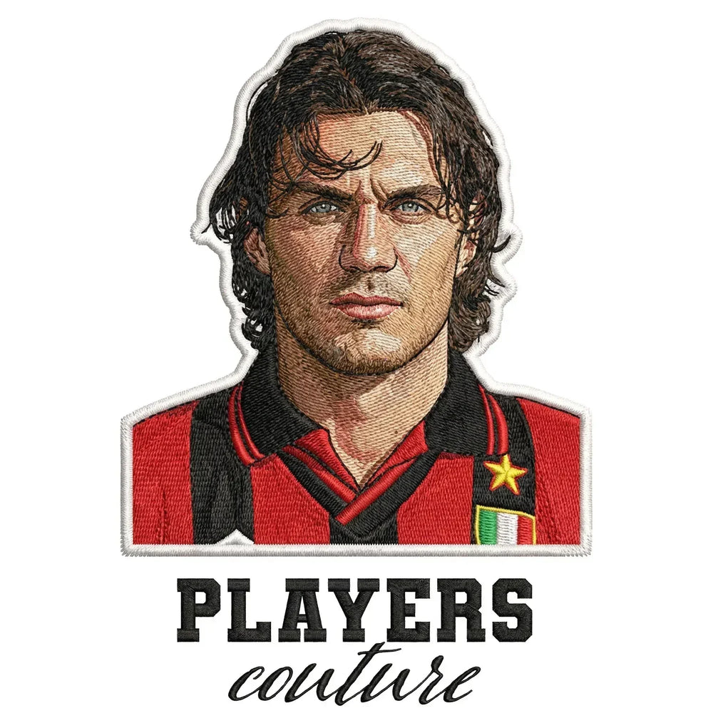 Paolo Maldini Badge Men's Hoodie – white close-up detail shot of the Paolo Maldini Players Couture logo design