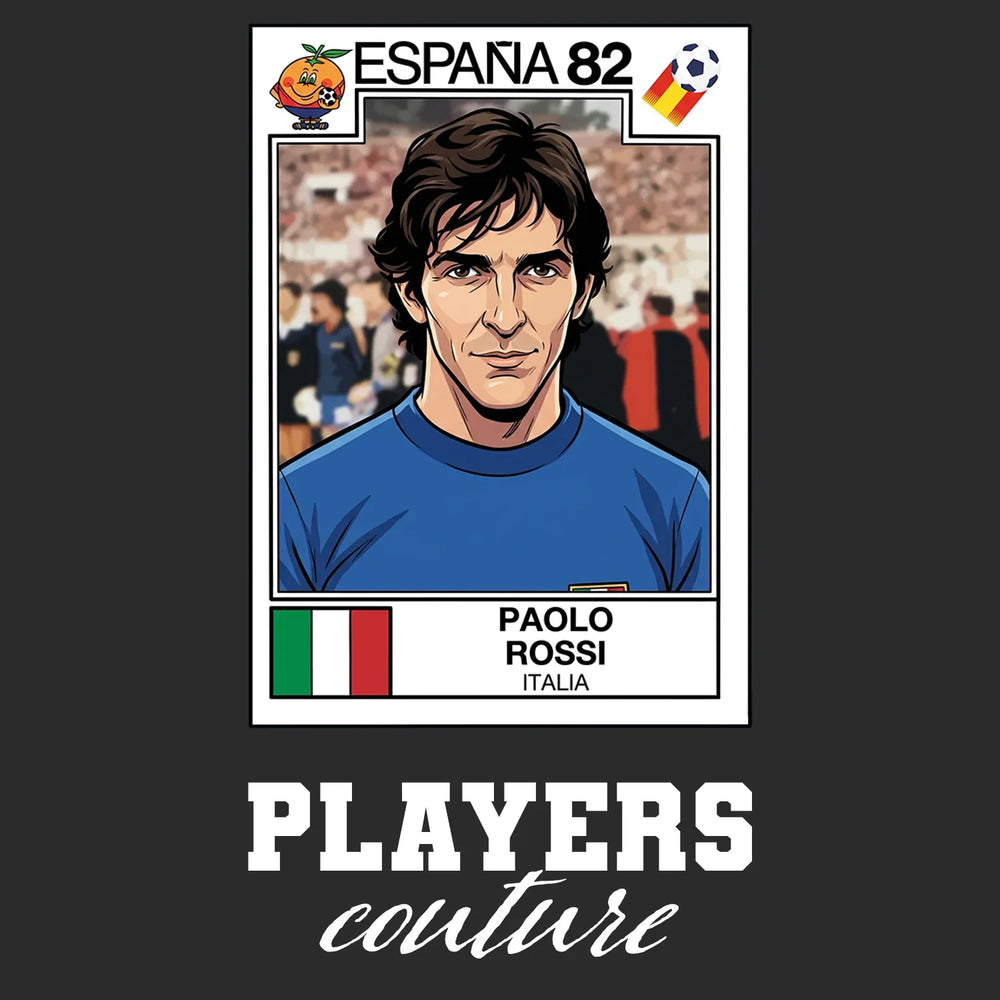 Paolo Rossi World Cup Sticker Men's T-Shirt – black close-up detail shot of the Paolo Rossi World Cup Players Couture logo